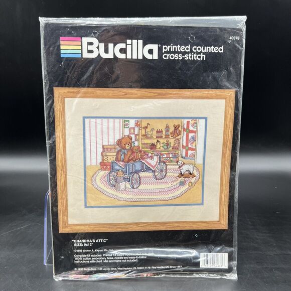 Vtg Bucilla Grandmas Attic Counted Cross Stitch Kit 40378 Teddy Bear 1990 NEW - Picture 1 of 5